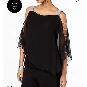 Macy's Black Cold Shoulder Blouse with Silver Accents